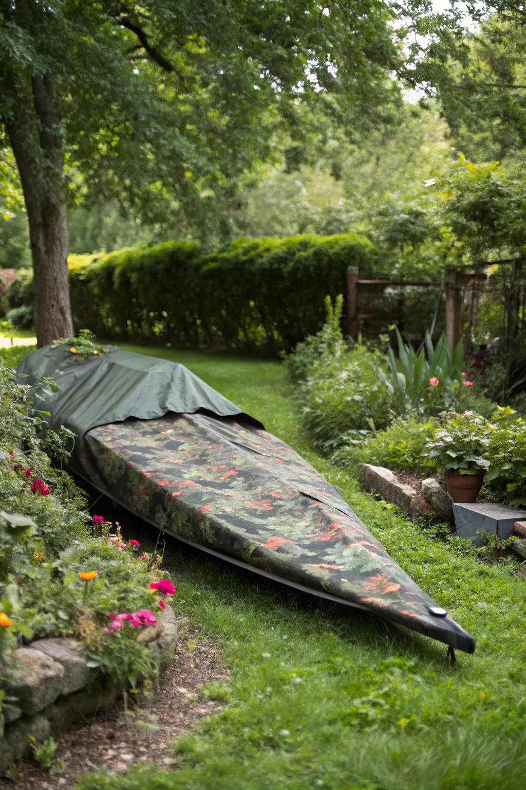 Canoe discreetly covered by a camouflage sheet.