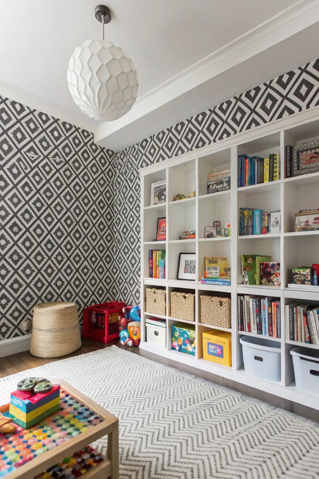 A playroom with black and white monochrome decor, striking and versatile.