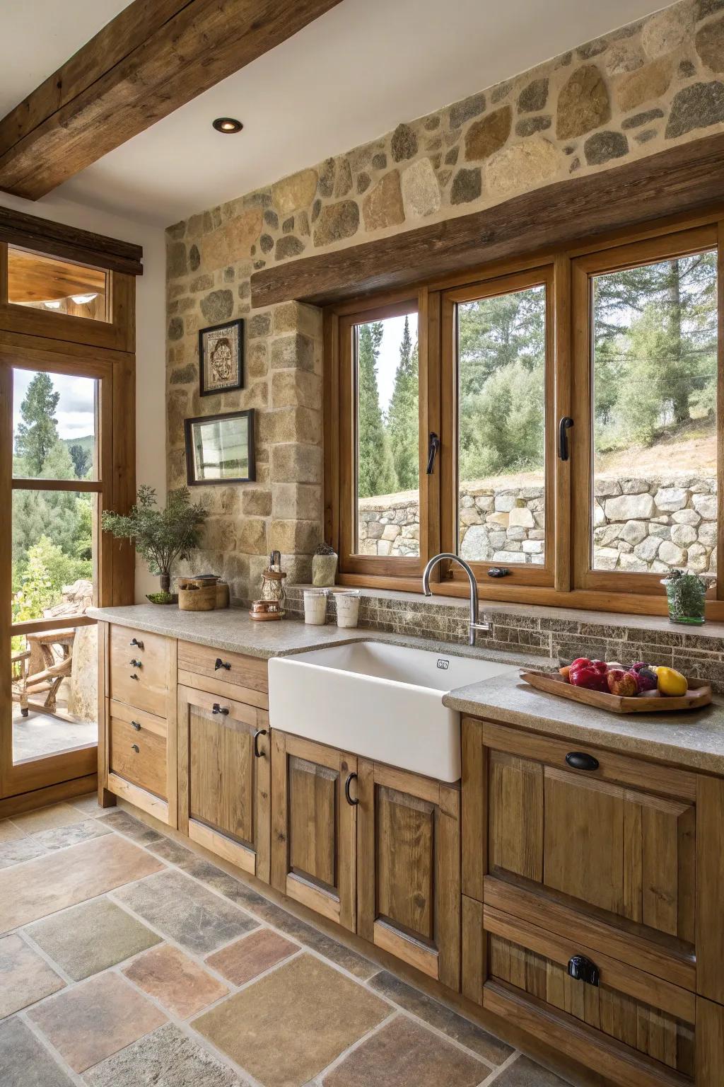 Eco-friendly materials in window frames and backsplash designs create a sustainable kitchen.