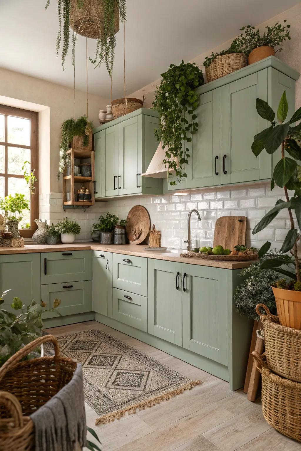 Herbal finishes fashion a tranquil and serene cooking space.