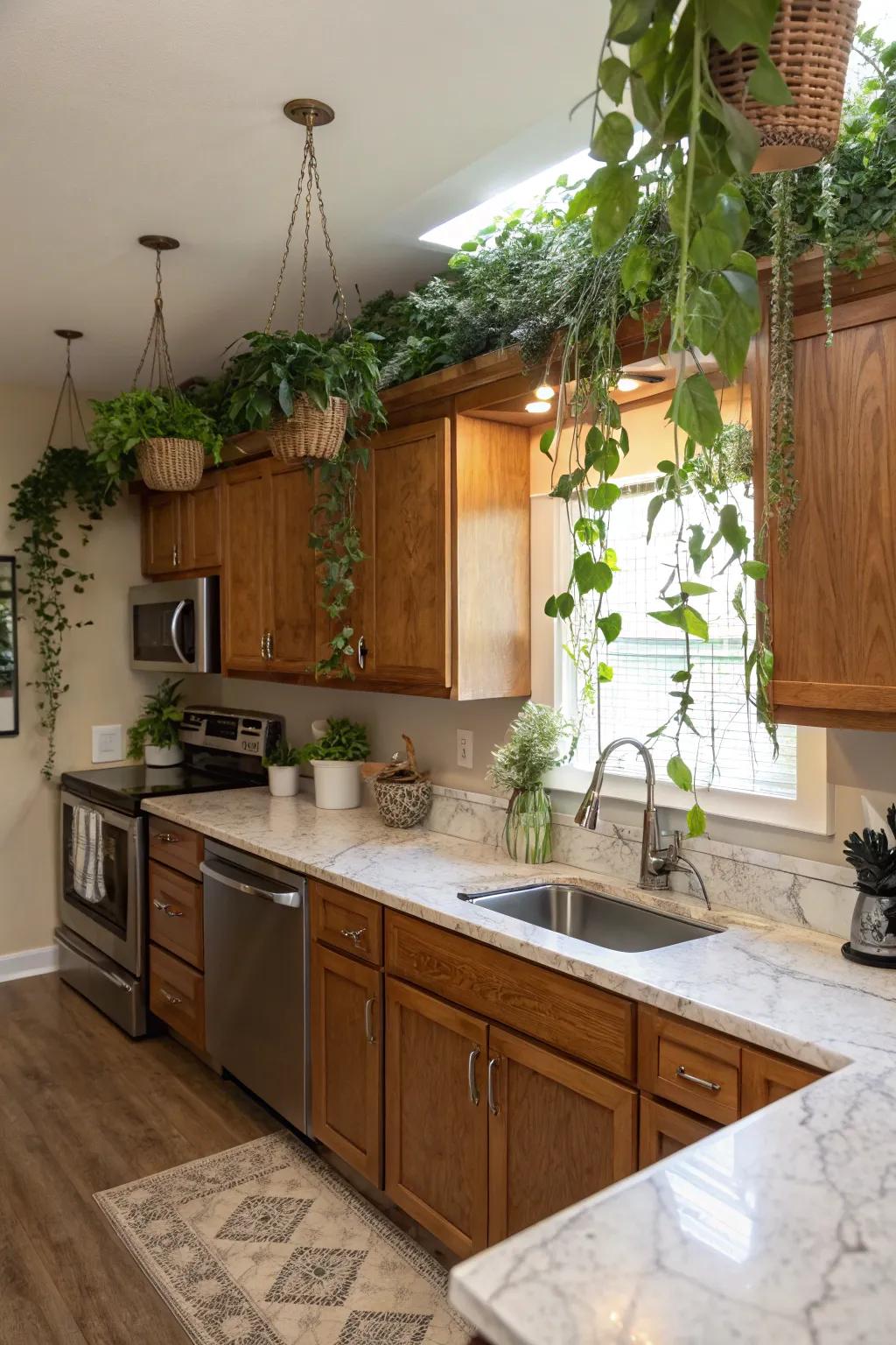 Suspending plants bring a fresh touch to your cooking area.