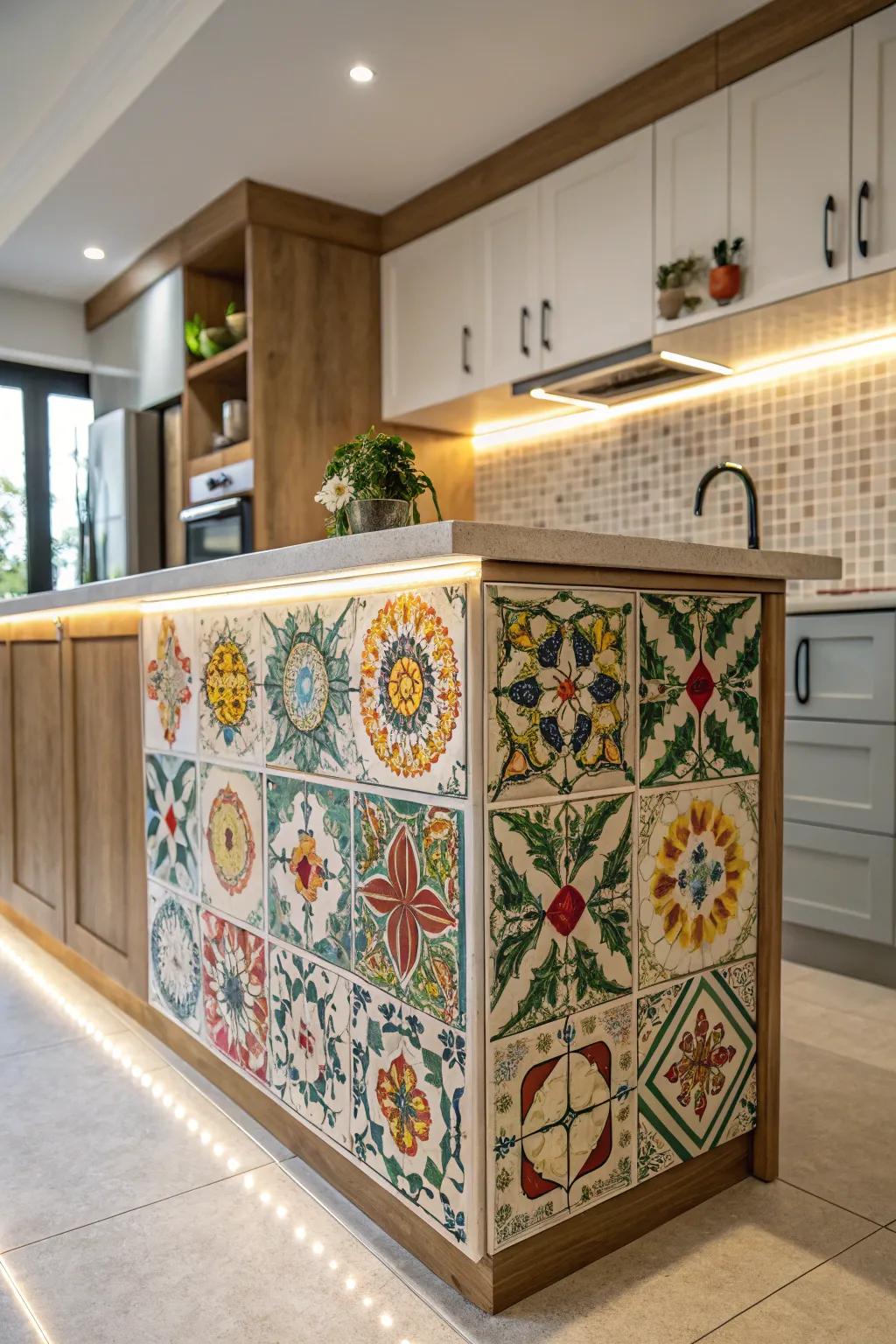 Artistic tiles infuse color and individuality into this cooking hub centerpiece, cultivating a captivating focal point.