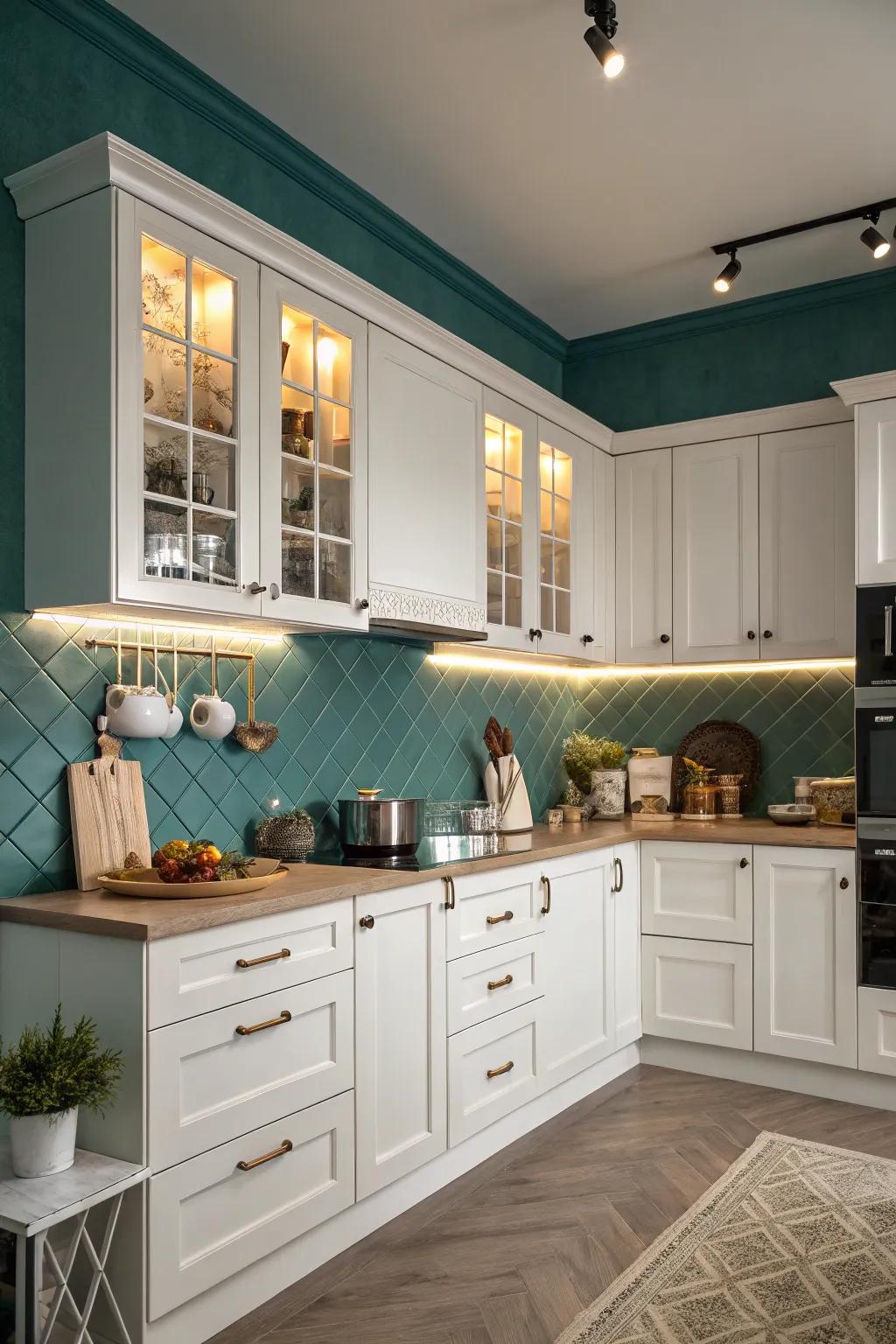 Brooding aqua walls provide a bold and dramatic contrast.