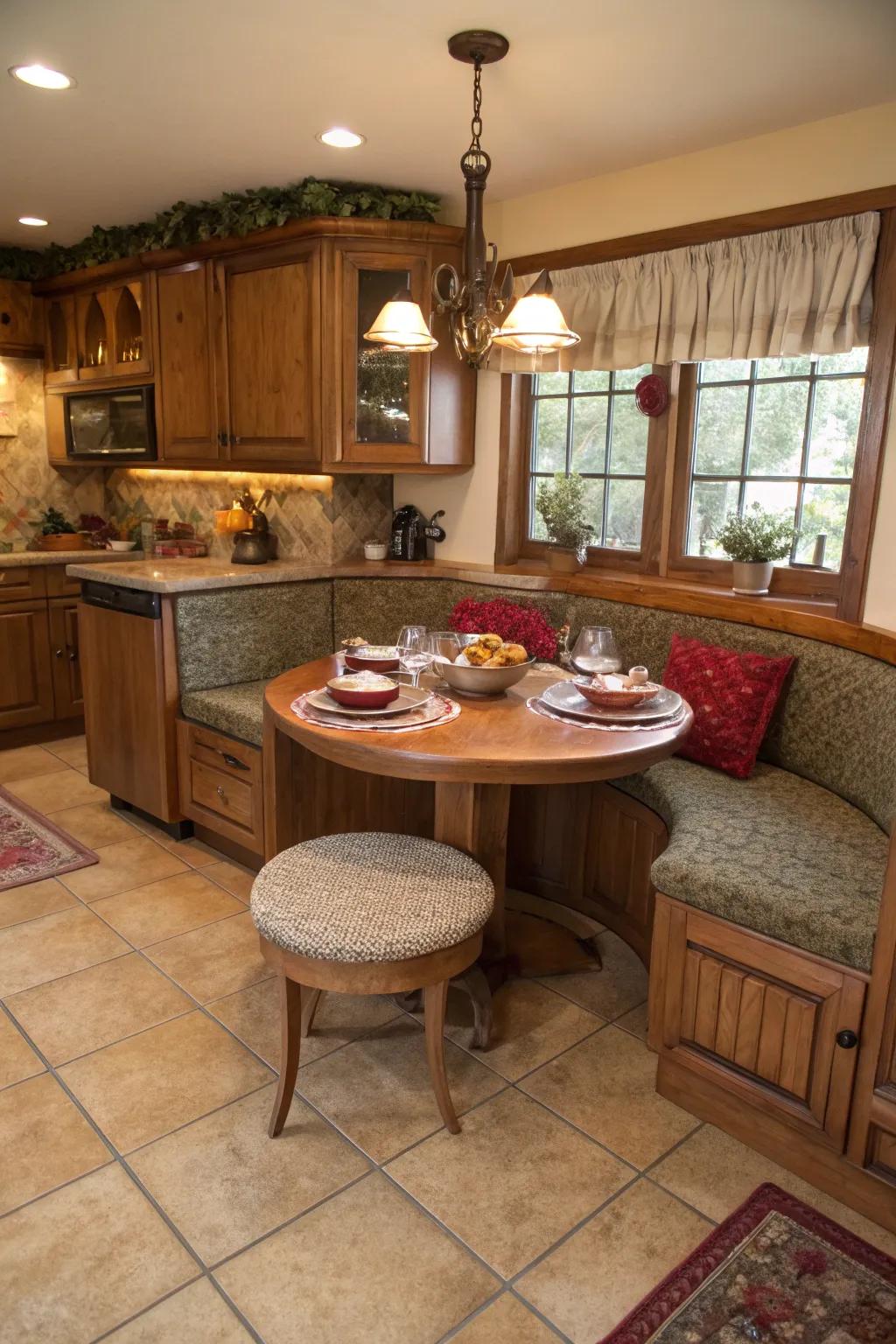 Rounded booths provide a cozy, retro dining experience.