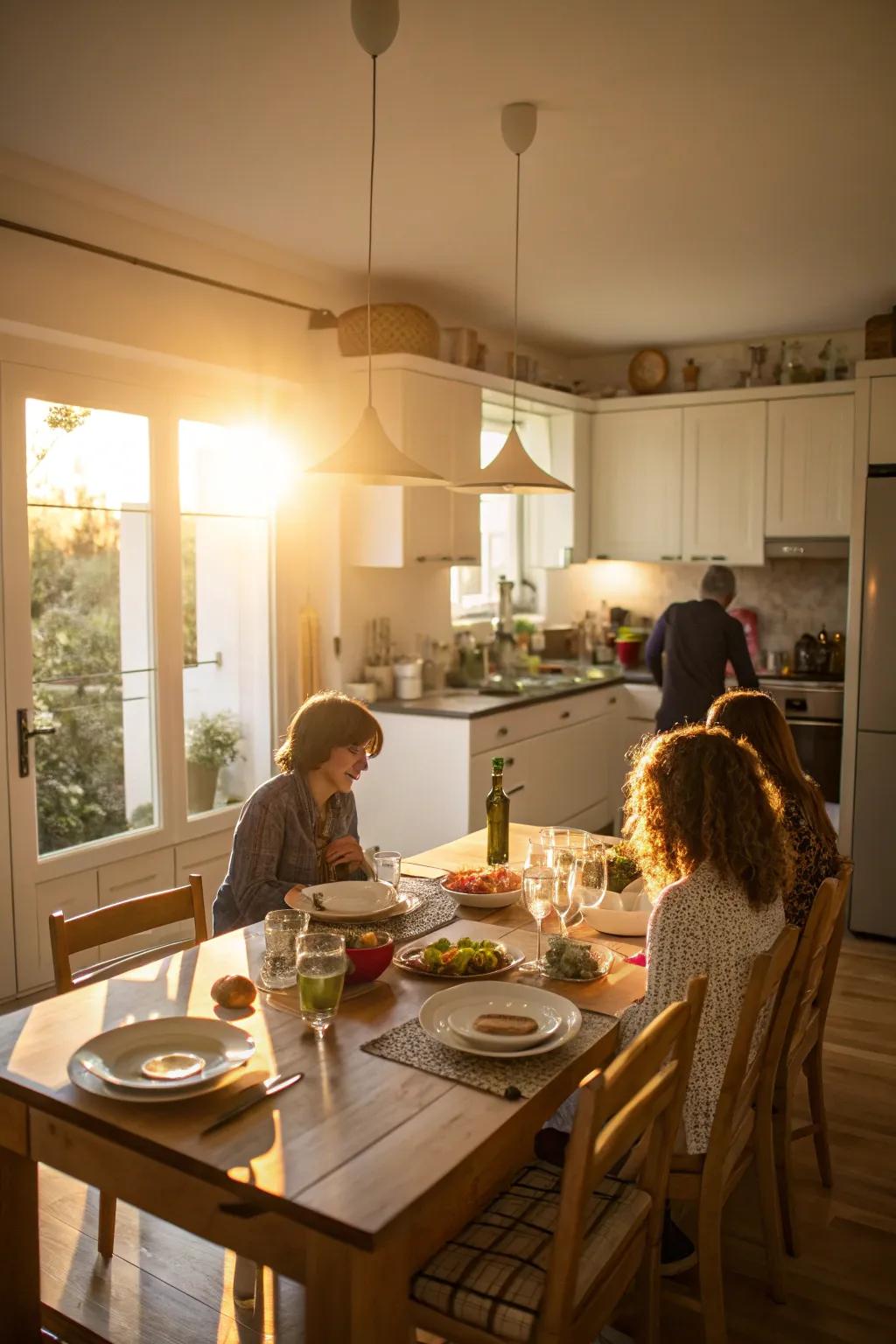 A kitchen with a dining surface integration encouraging social interaction.
