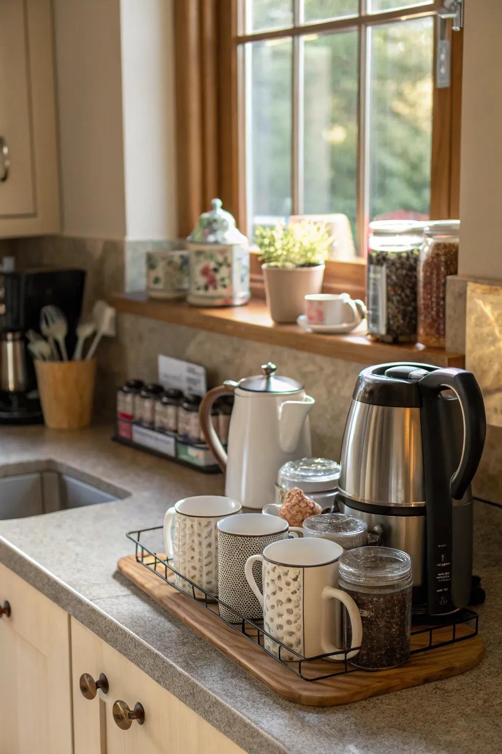 A dedicated coffee or tea station includes convenience and appeal to the cooking area.