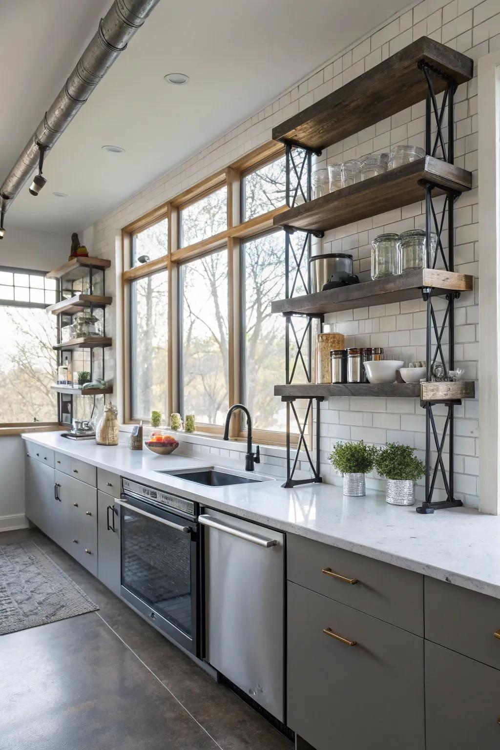 Metal fasteners in the industrial style give kitchen shelves an edgy feel.