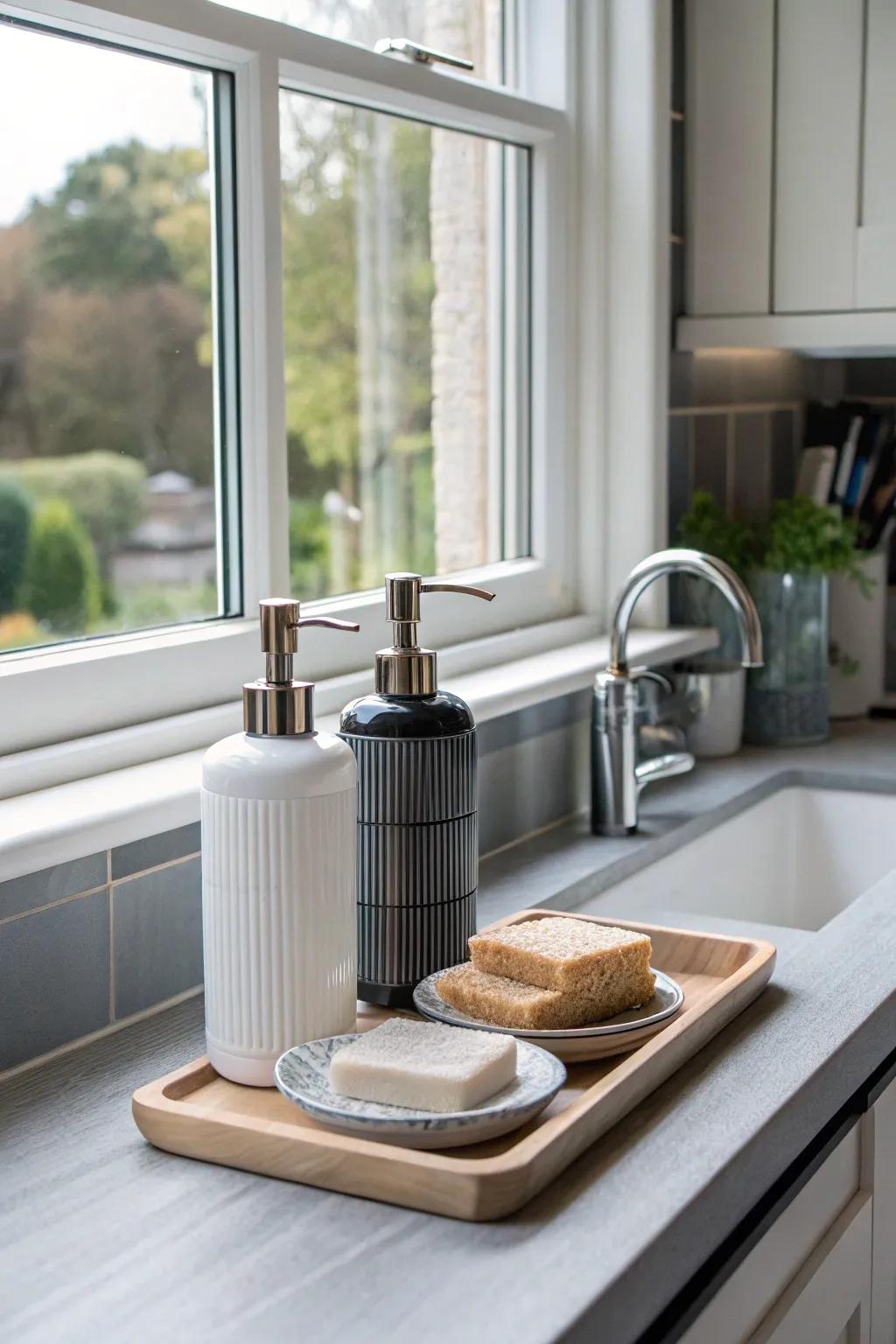 Chic cleansing fluid dispensers contribute a dash of elegance.