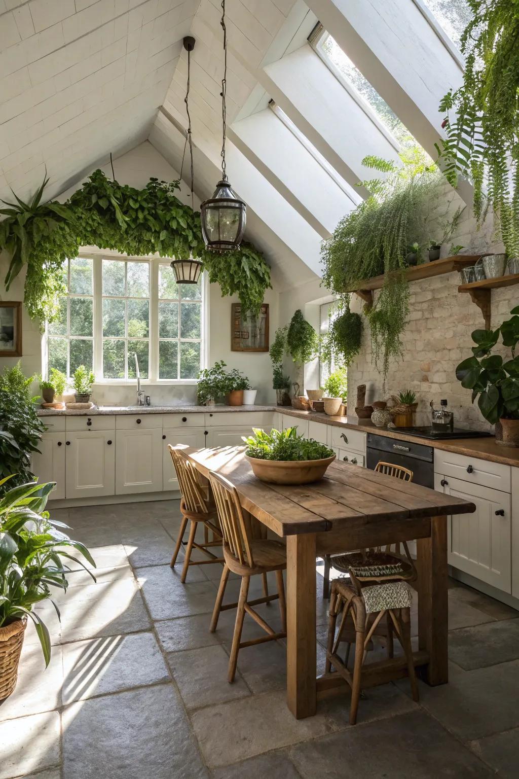 Indoor plants add a fresh touch to this kitchen with a vaulted ceiling, enhancing its connection to nature.