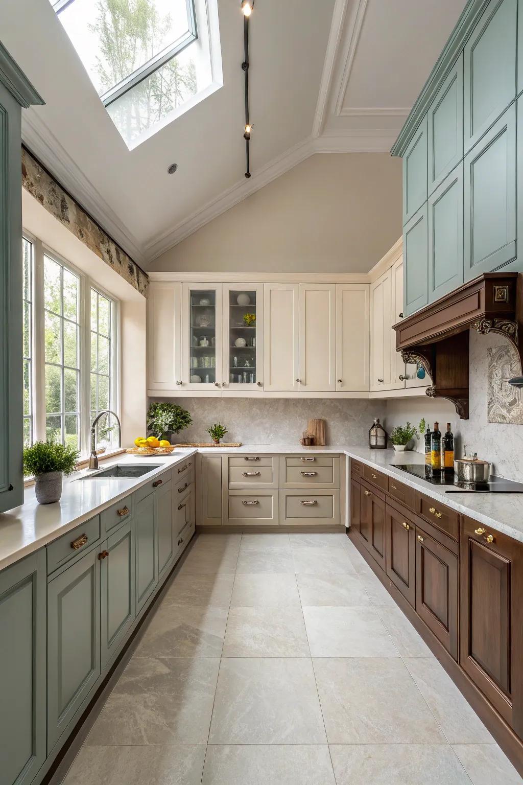 Double tone cupboards make a energetic and balanced view.