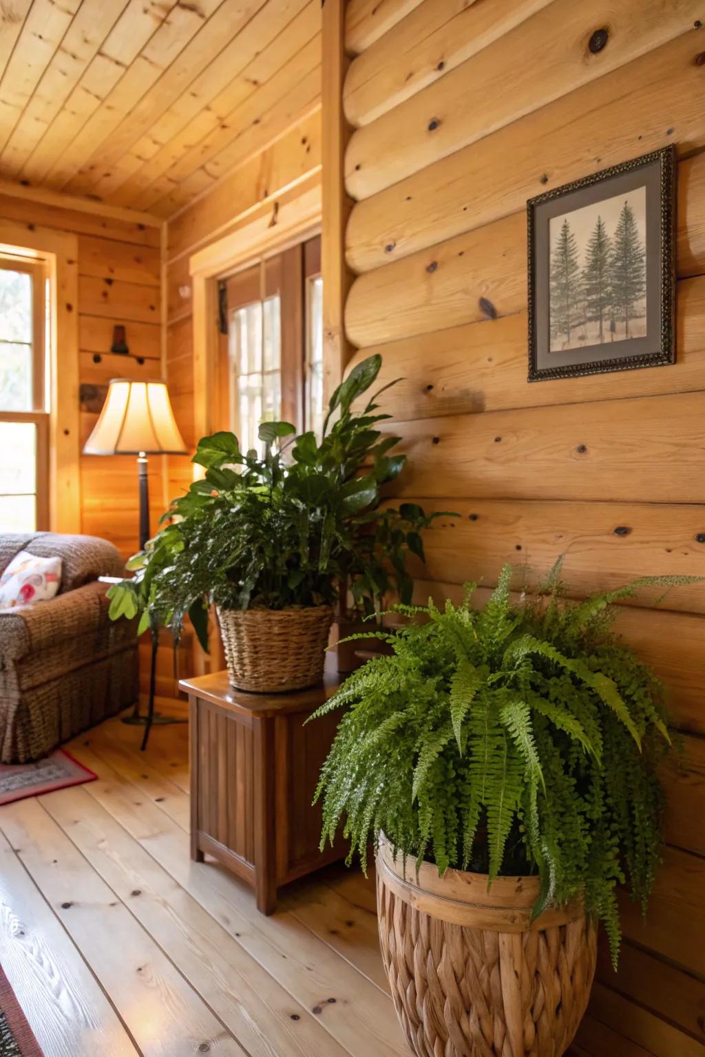 House plants adding life and greenery to the cabin.