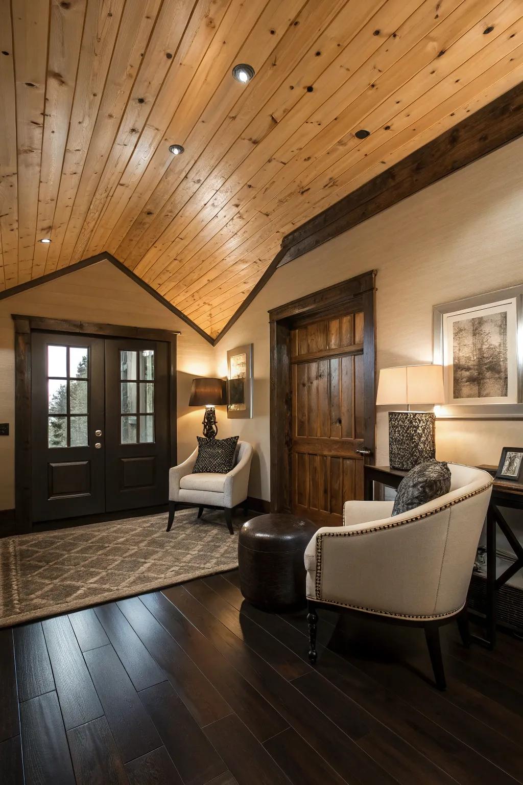 A stylish room where dark floors provide a striking contrast to the wood-clad ceiling.