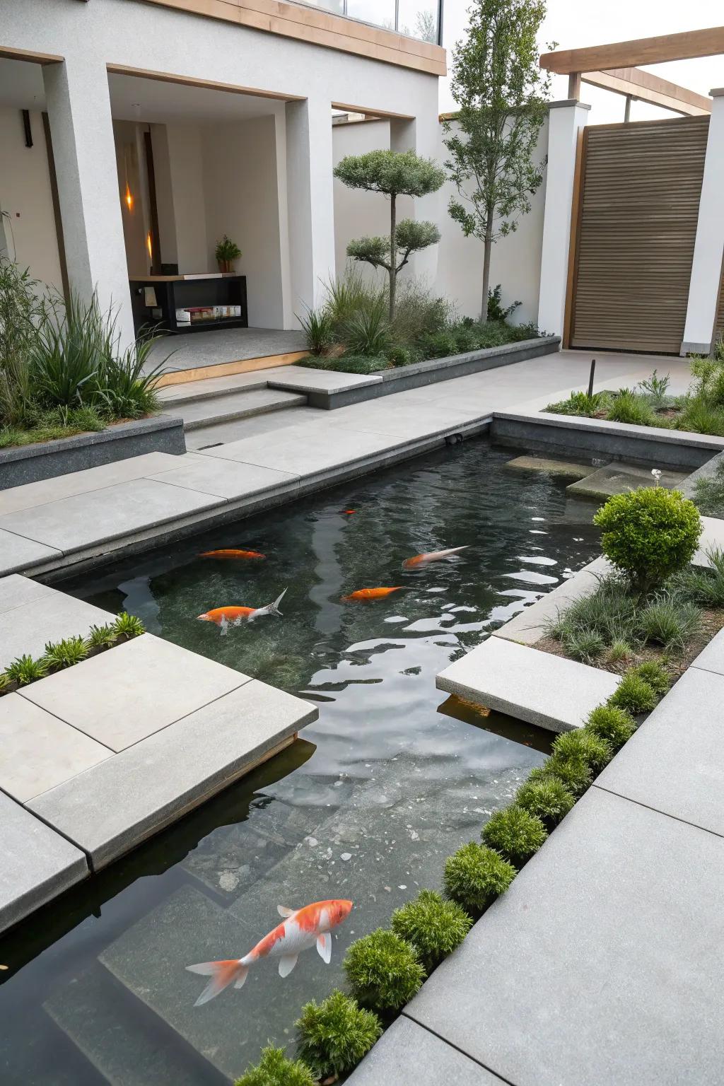Concrete and geometry concoct a modern aesthetic for koi havens.