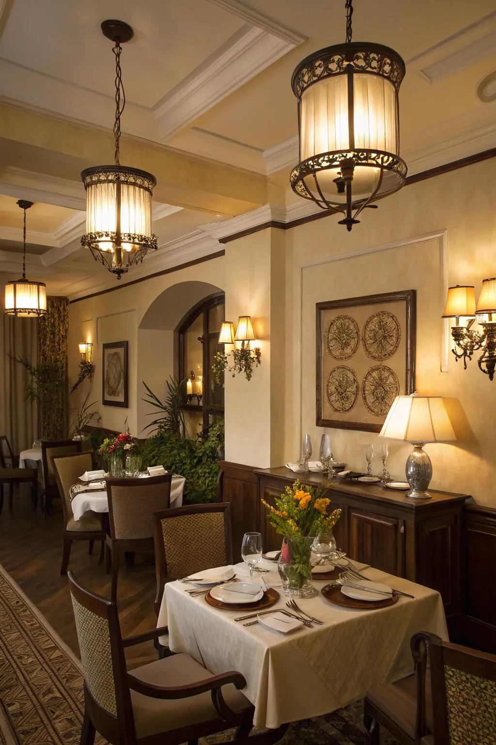 Layered illumination permits versatile ambiance modulation.