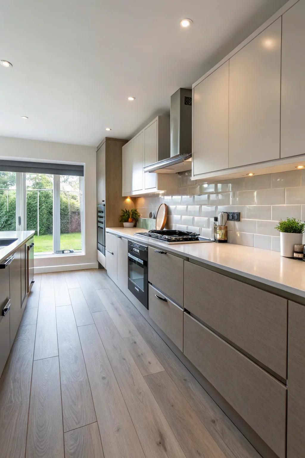 Continuous conversion from floor to backsplash for smoothness in design.