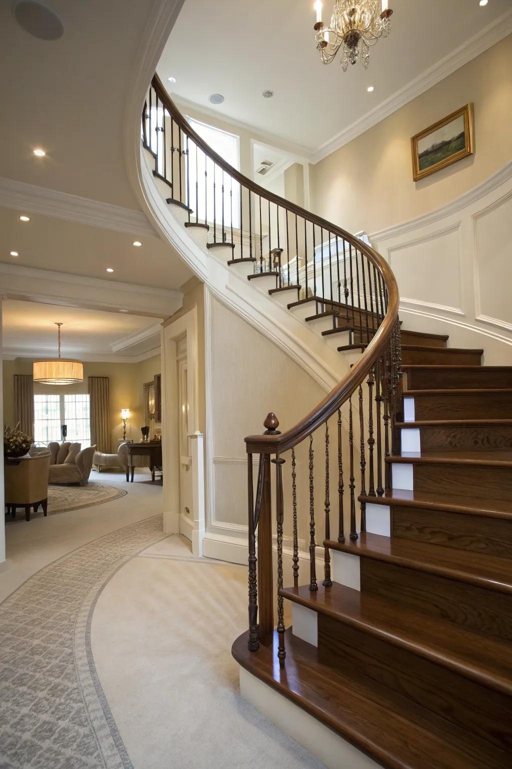 Curved railing creating a soft, elegant flow.