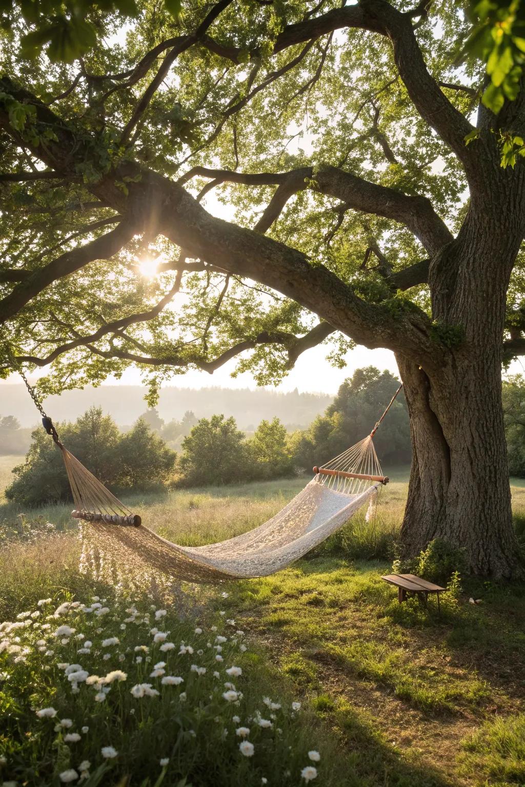 A tranquil nook beneath a tree excels for unwinding and musing.