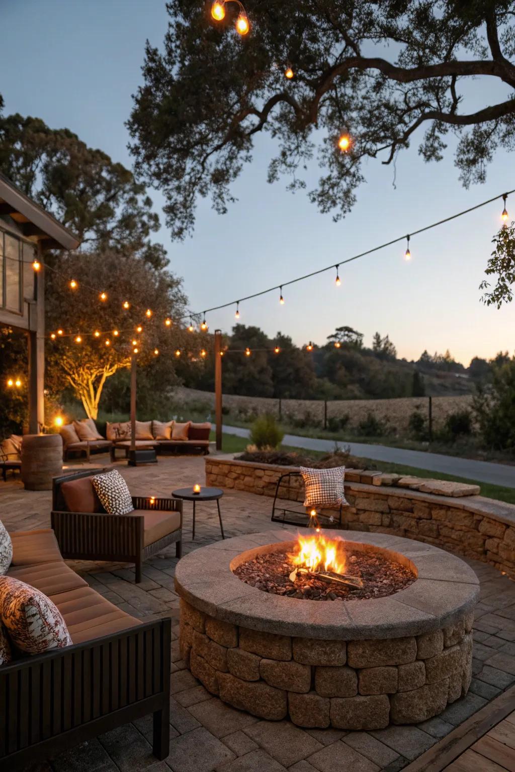 Lights around a fire pit enrich both security and flair.