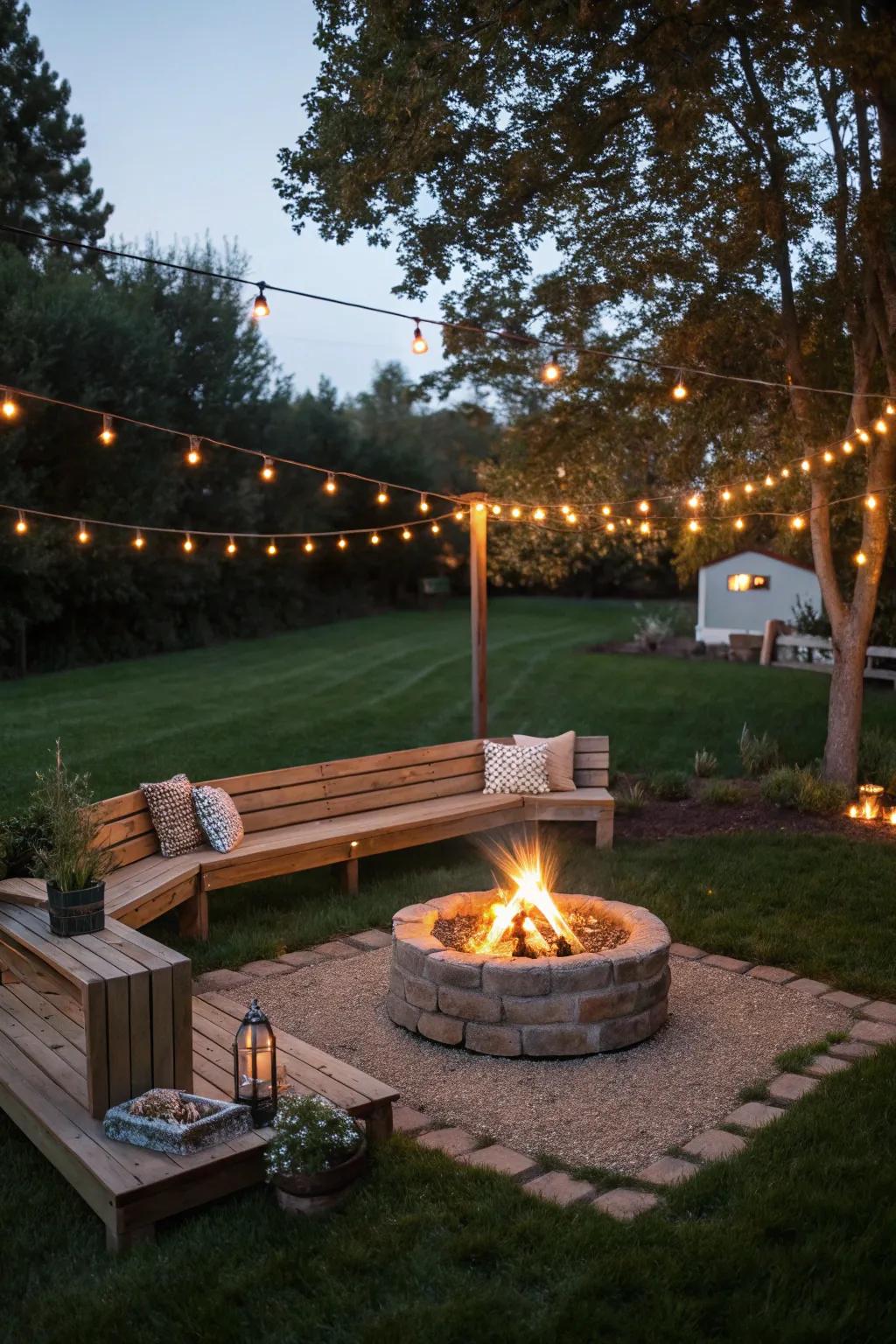 Timber seating around a fire pit creates a welcoming gathering spot.