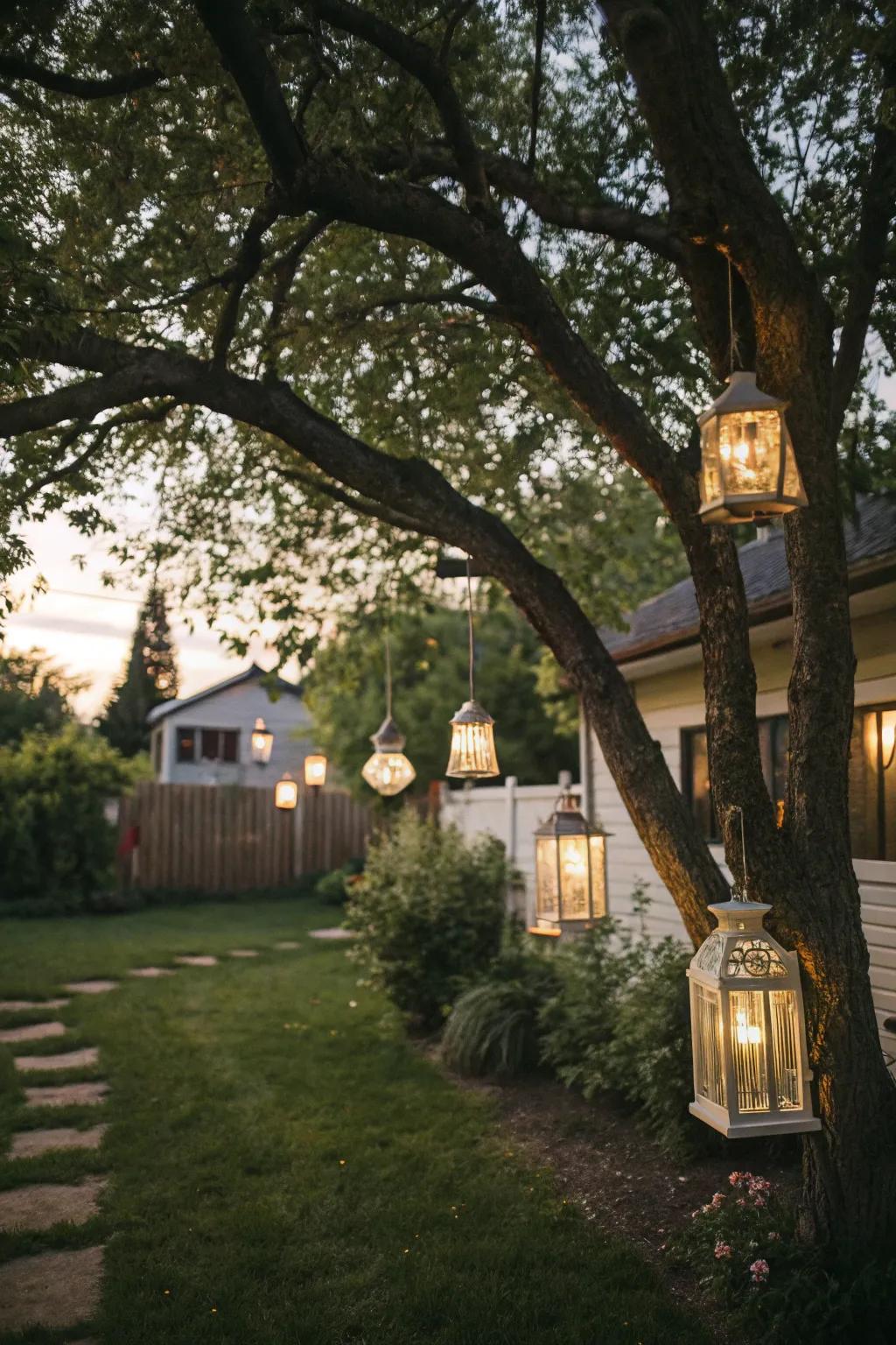 Forge an impressive exterior presentation through suspended lanterns.
