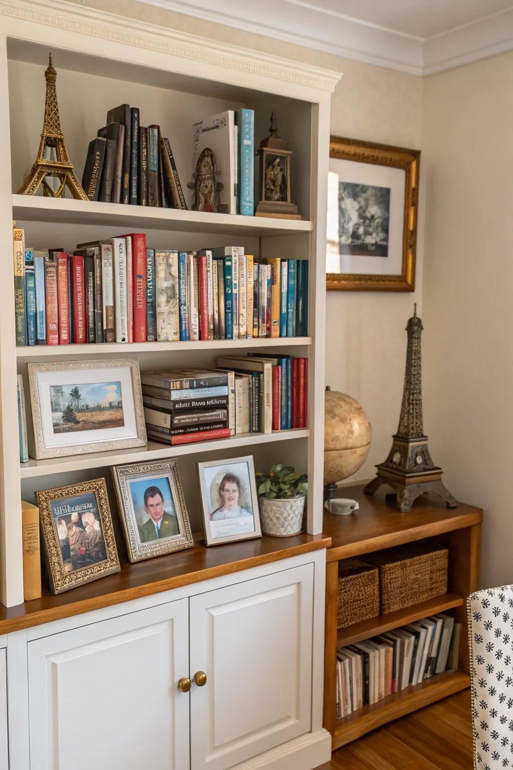Personal items enrich this bookshelf with stories and character.