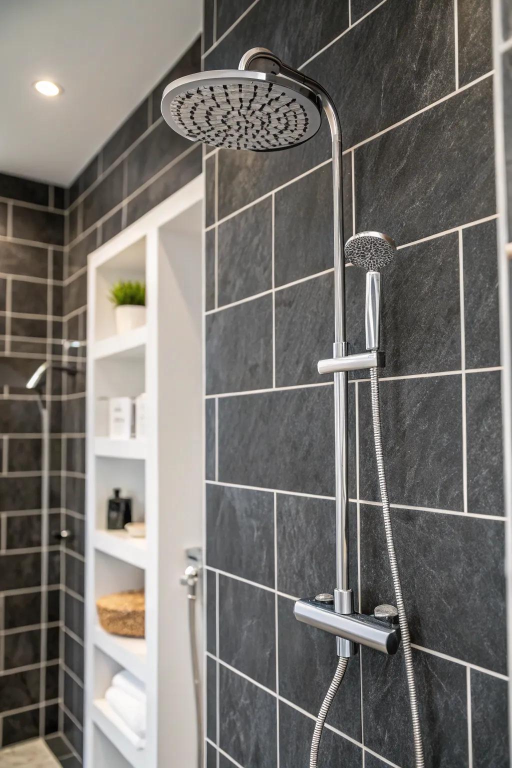 Deep tiles create a striking and sophisticated visual.