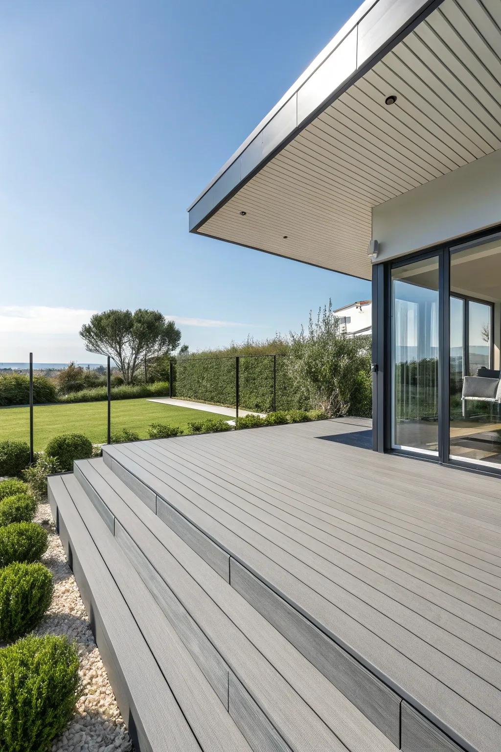 Man-made decking skirting adds a sleek, modern touch to this outdoor area.