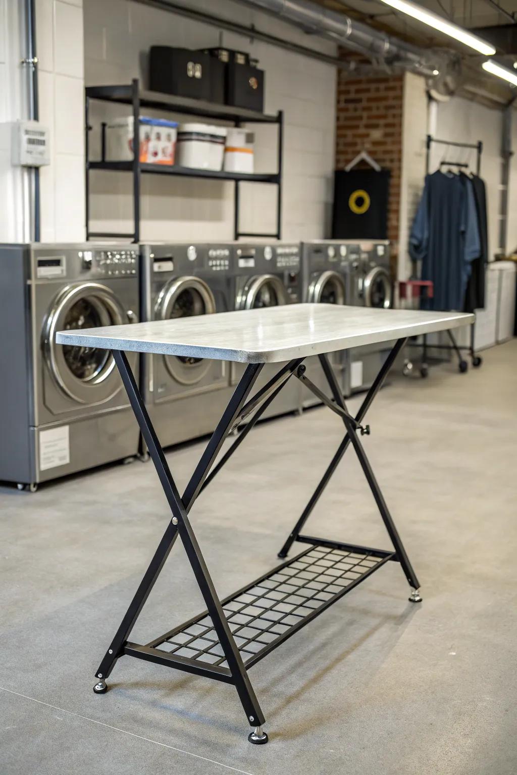 An industrial table adds a contemporary edge to the space.