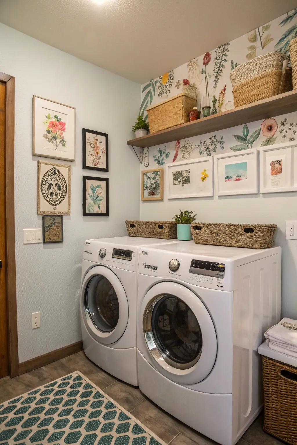 Artistic wall decor introduces personality to your washing space.