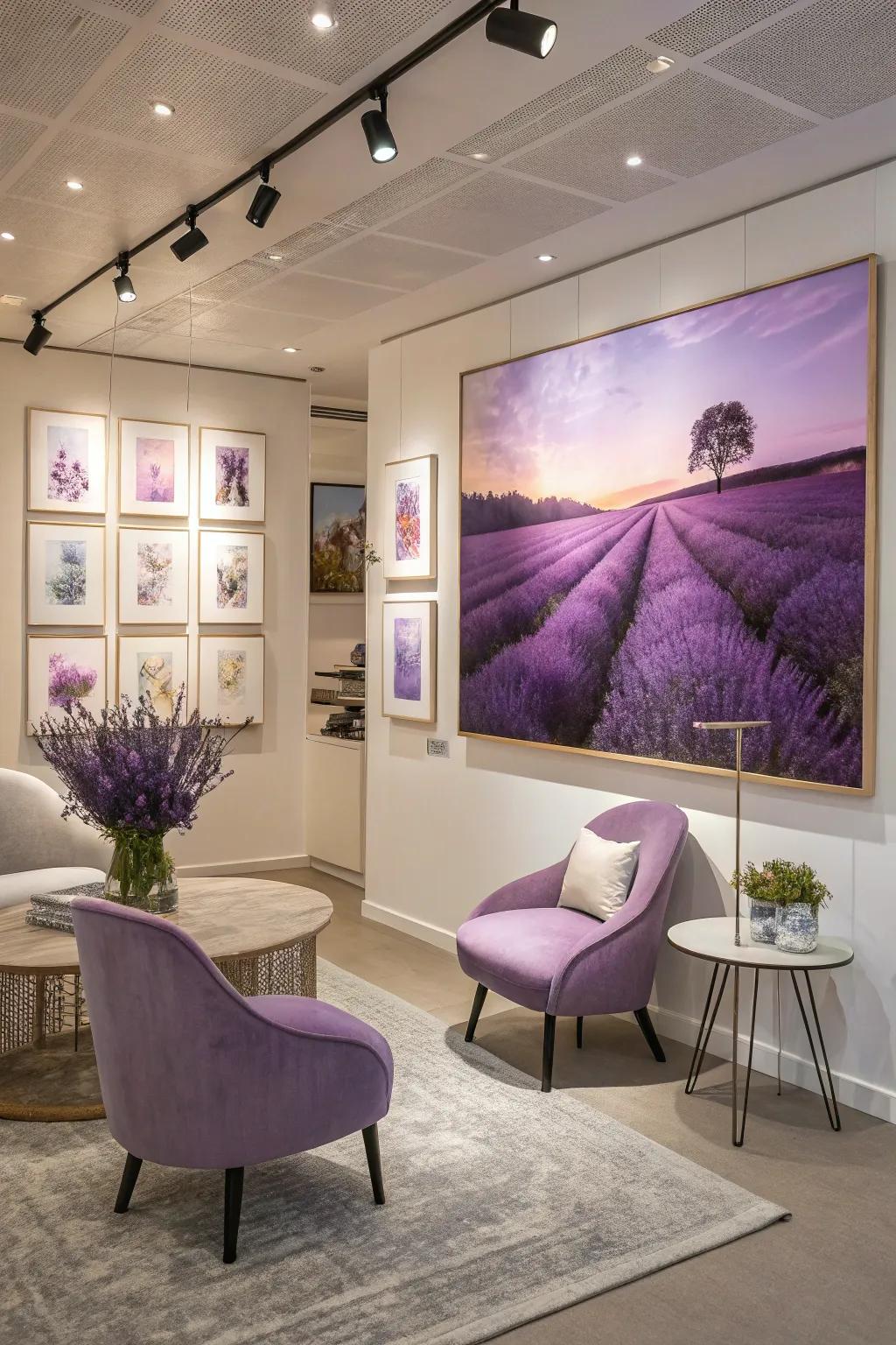 A contemporary area enhanced by artistic pieces featuring lavender and violet shades.