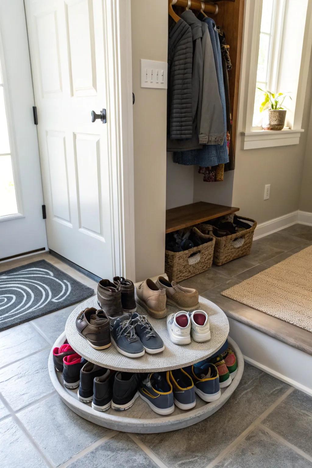 Organize your entryway with a spin organizer for shoe storage.