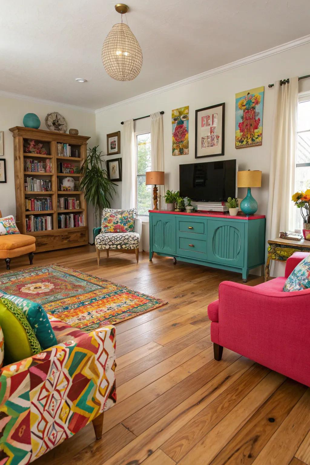 Natural hickory flooring adds eclectic flair to this vibrant living room.