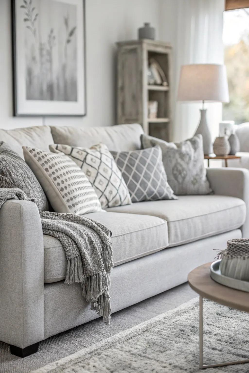 A consistent palette presents everlasting grace to an area including a light grey couch.