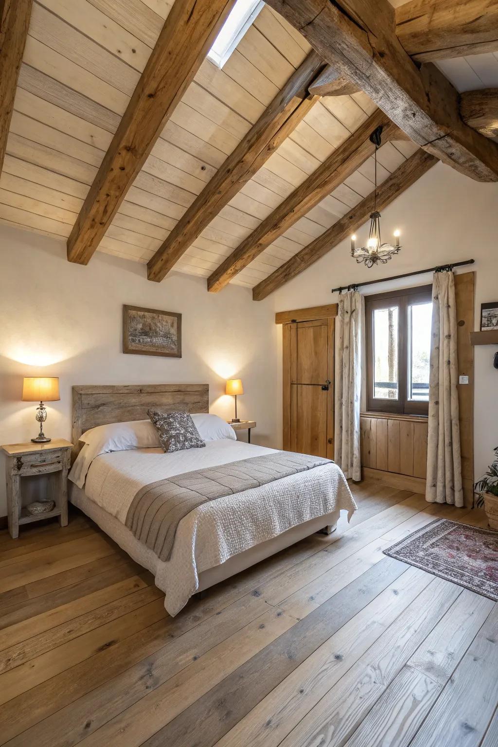 Countryside elements lending a sense of warmth to a light wood floor bedroom.
