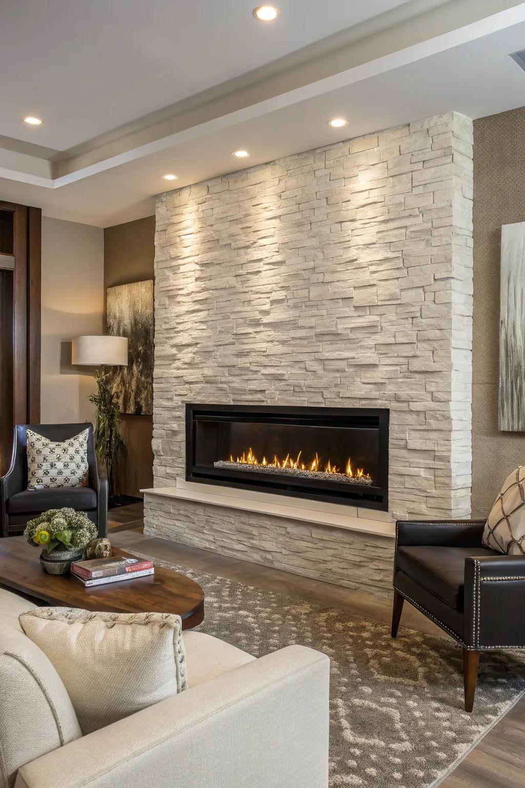 Incorporate depth through a textured wall feature encircling your hearth.