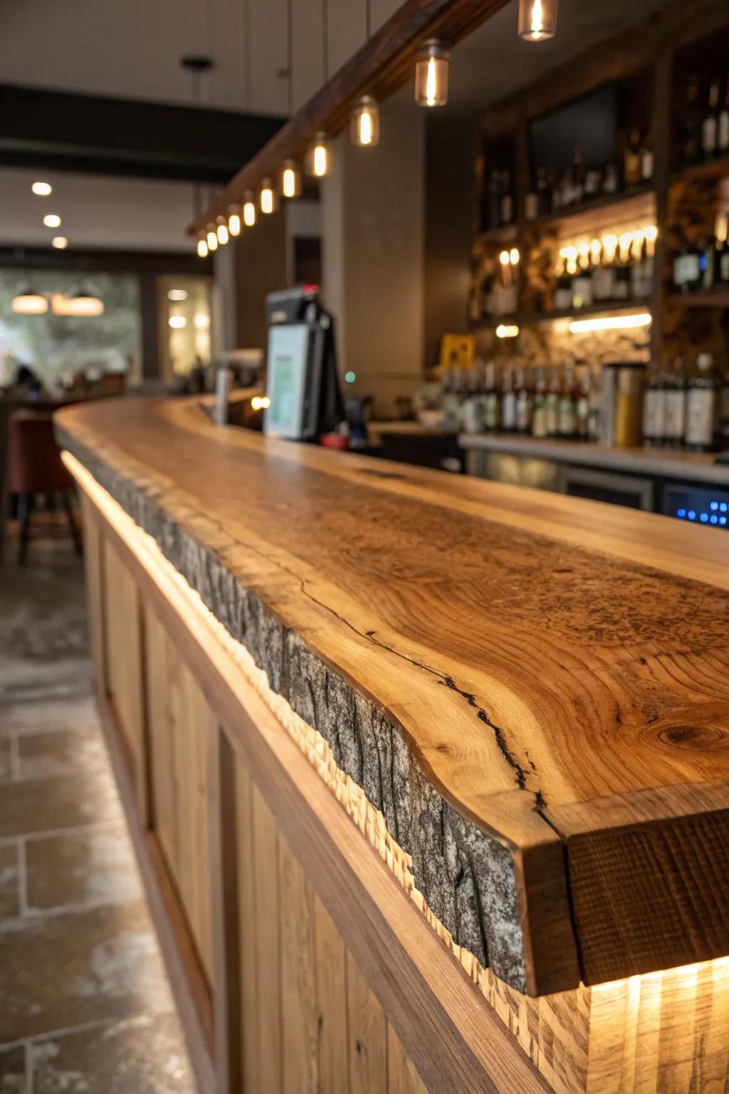 A close-up of a natural-edge bar with a highlighted edge, showcasing its raw beauty.