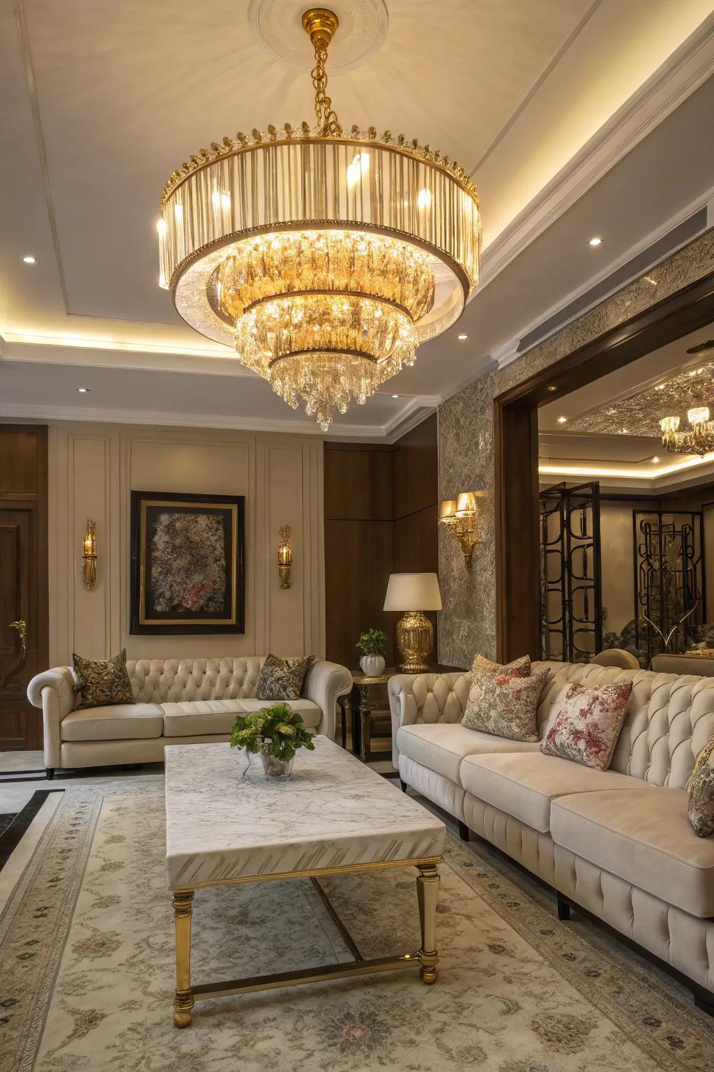 A luxurious living room is accentuated by a chandelier highlighted by gold accents.