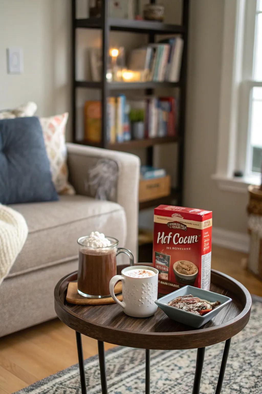 A hot chocolate corner infuses a playful and inviting aspect to your holiday assemblages.