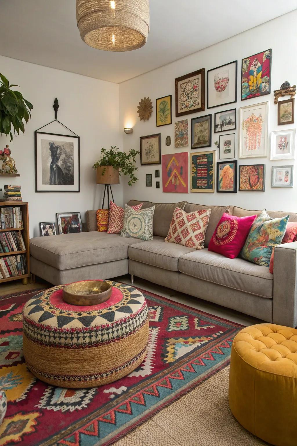 Eclectic decor around a sectional expresses unique style.