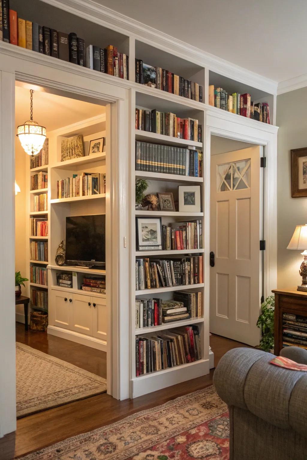 Enclosing a doorway with shelves contributes elegance and maximizes area.