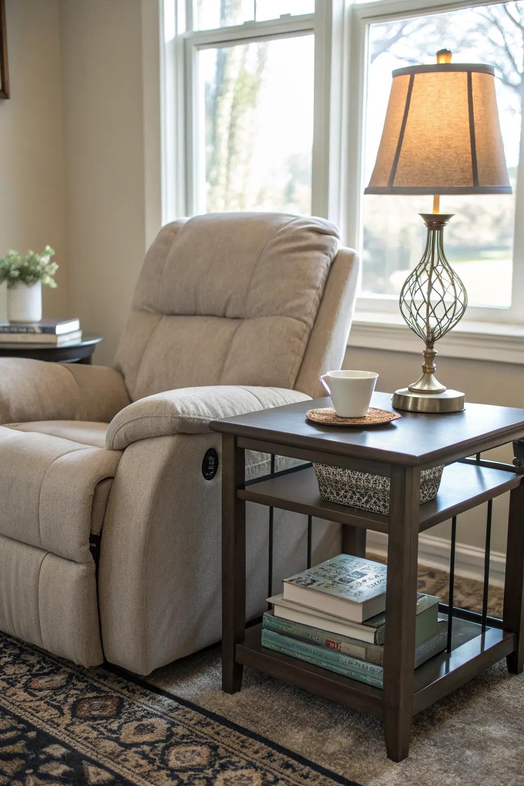 A useful and stylish arrangement featuring a lounger and accent table.