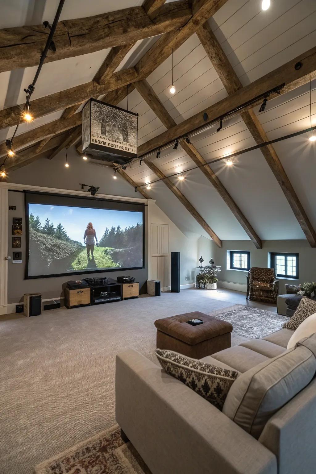 A ceiling projector delivers cinematic experiences to your recreational room.