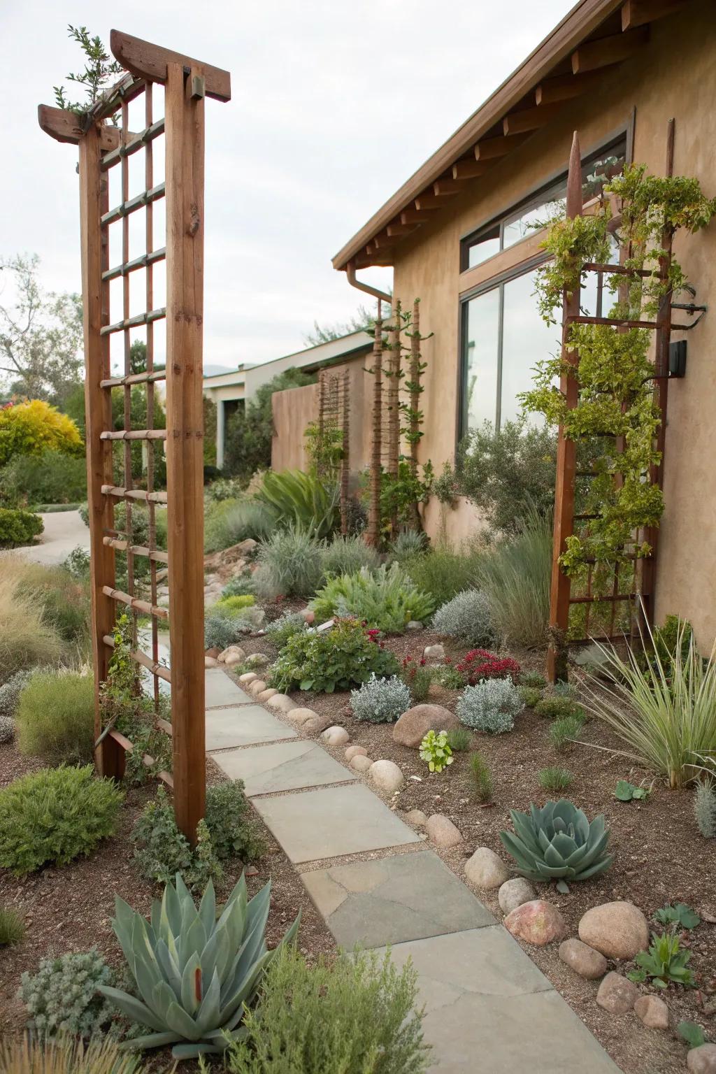 Upward accents bring depth and form to a xeriscape garden.