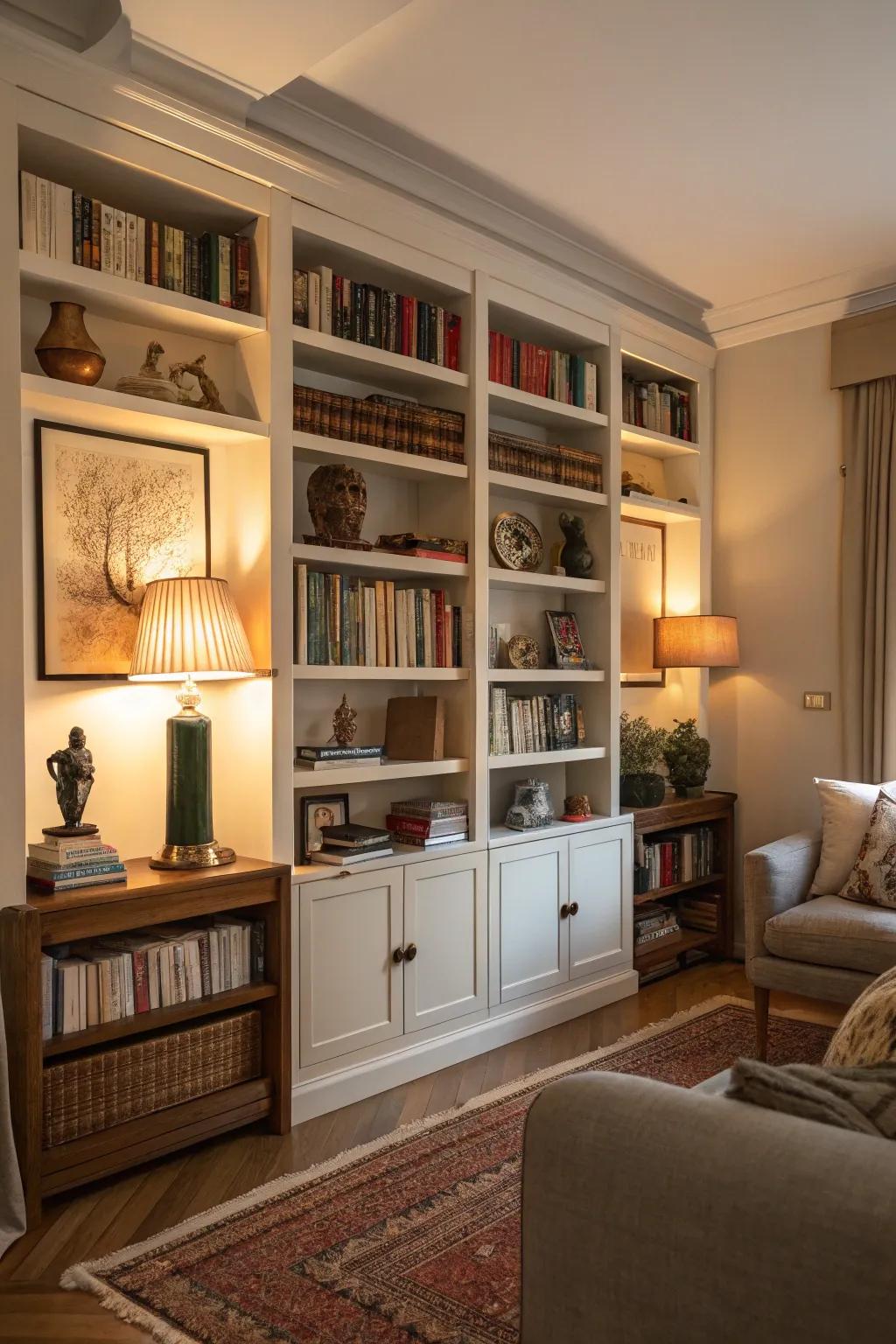 Reaching shelving delivers elegance and functionality in this dwelling.