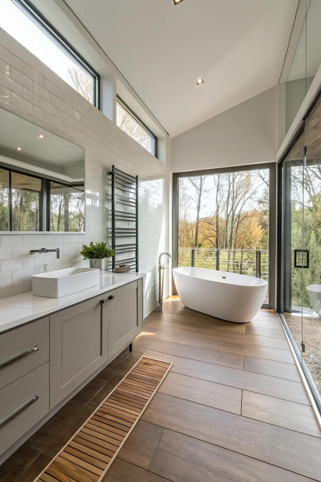 A contemporary bathroom featuring the comfort of heated floors.