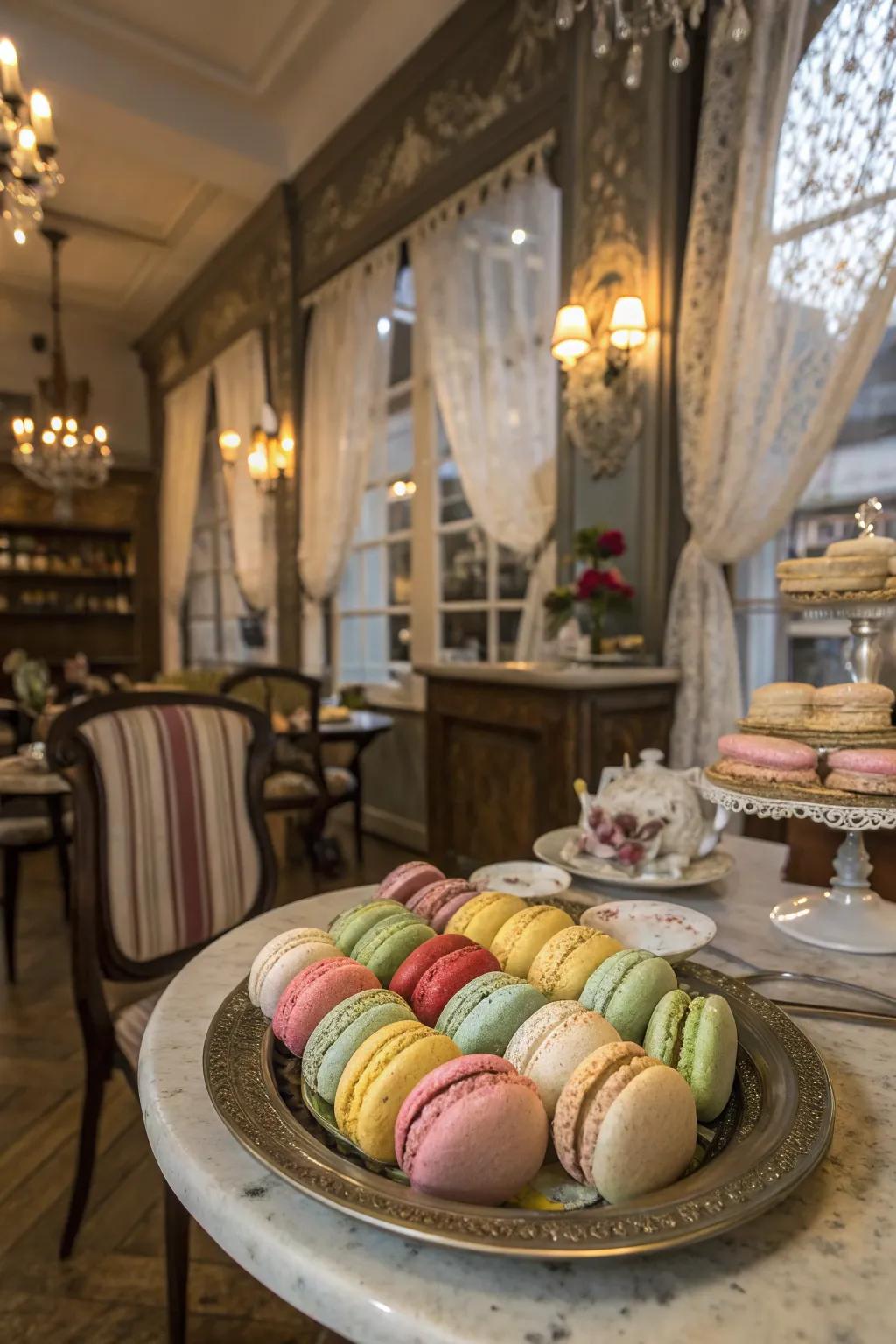 Macarons in a Parisian café-themed scenario.