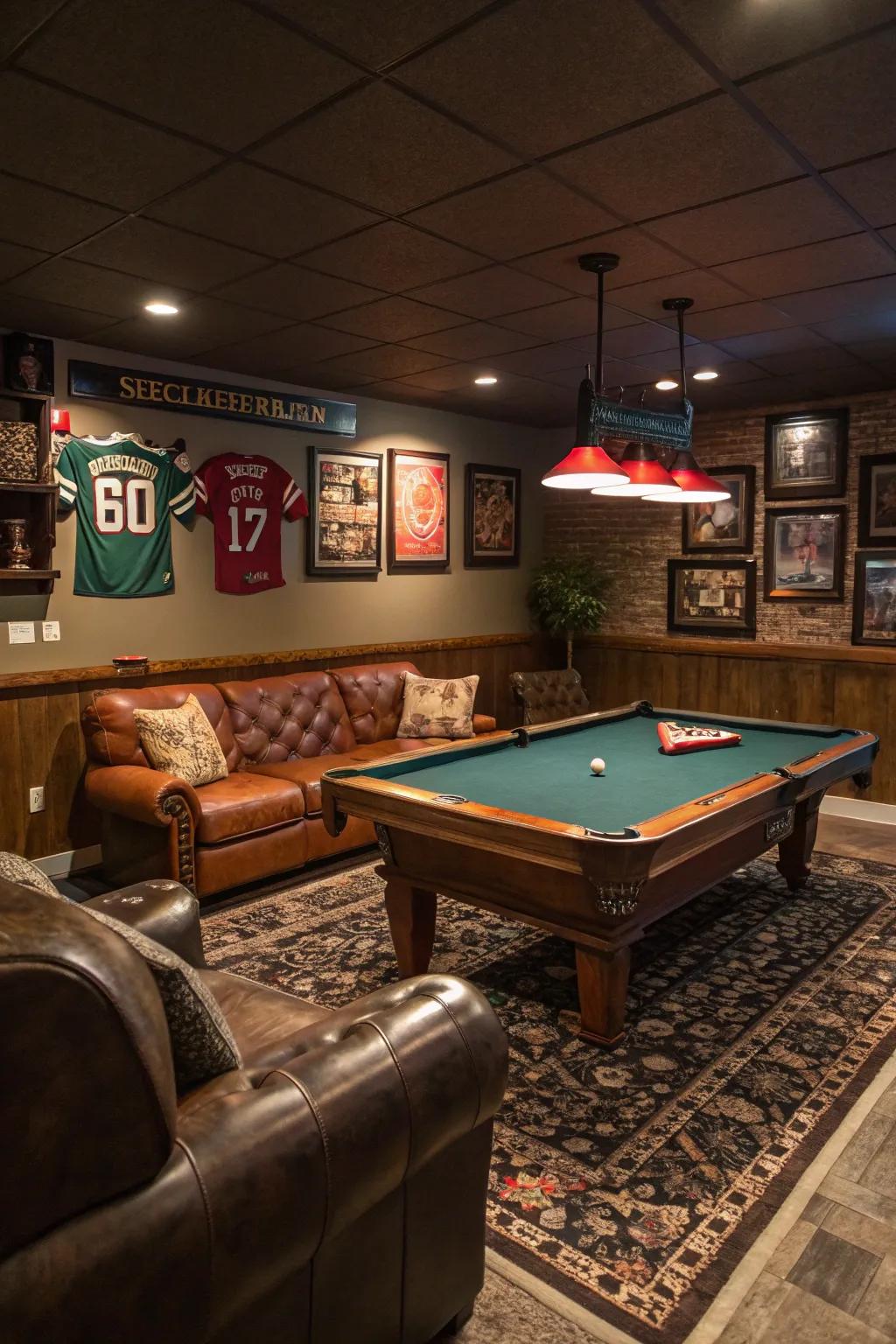 A slick pool table hangout for fun times in a man cave.