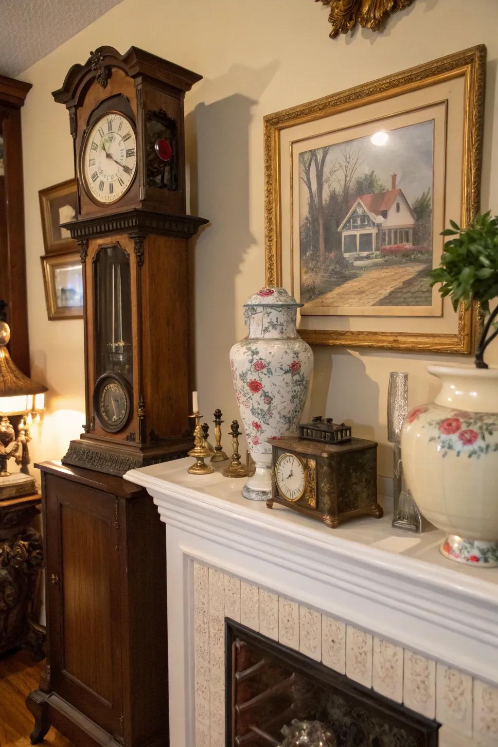 Vintage finds add charm to this mantel.