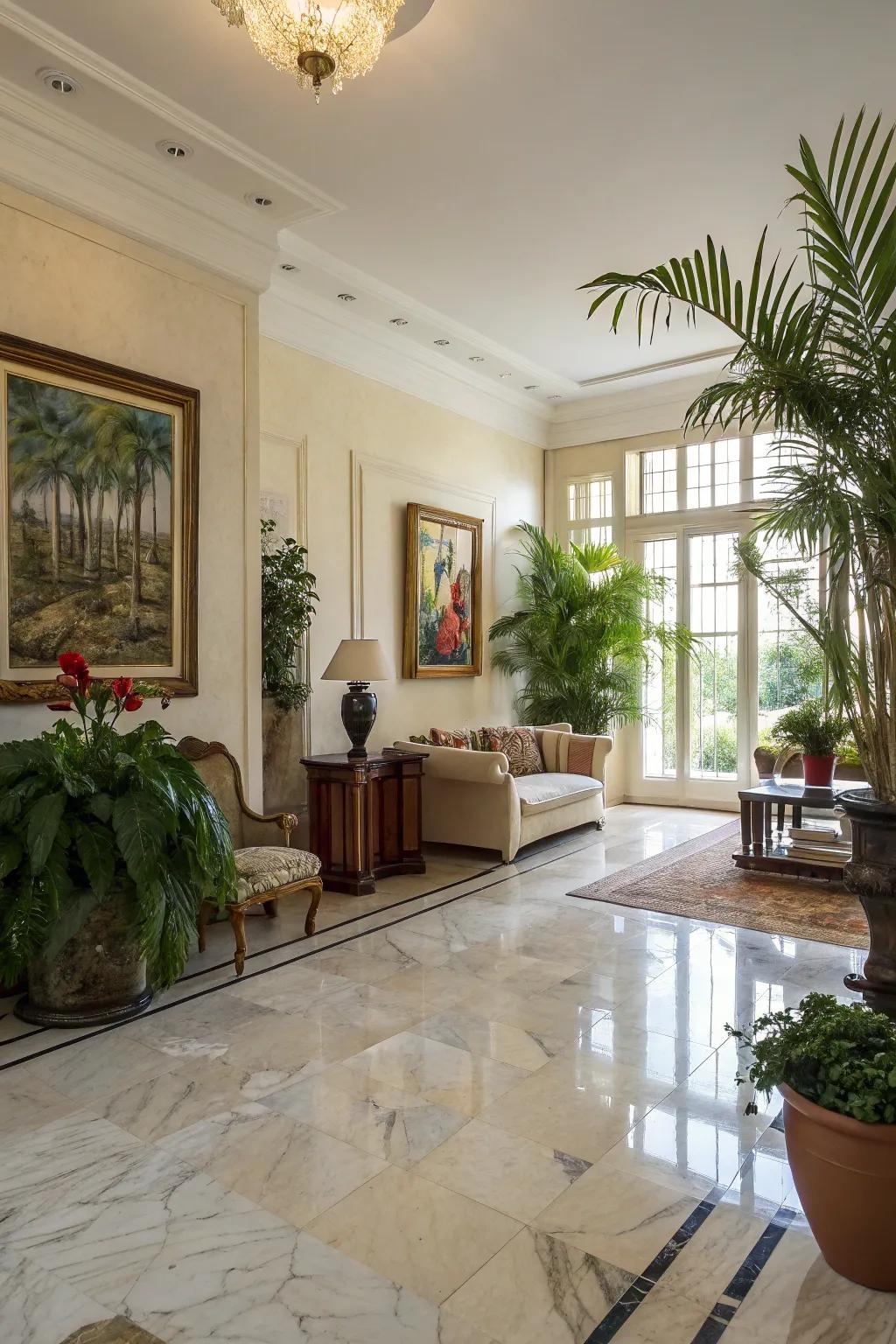 Accent furnishing selections enhance stone flooring's charm.