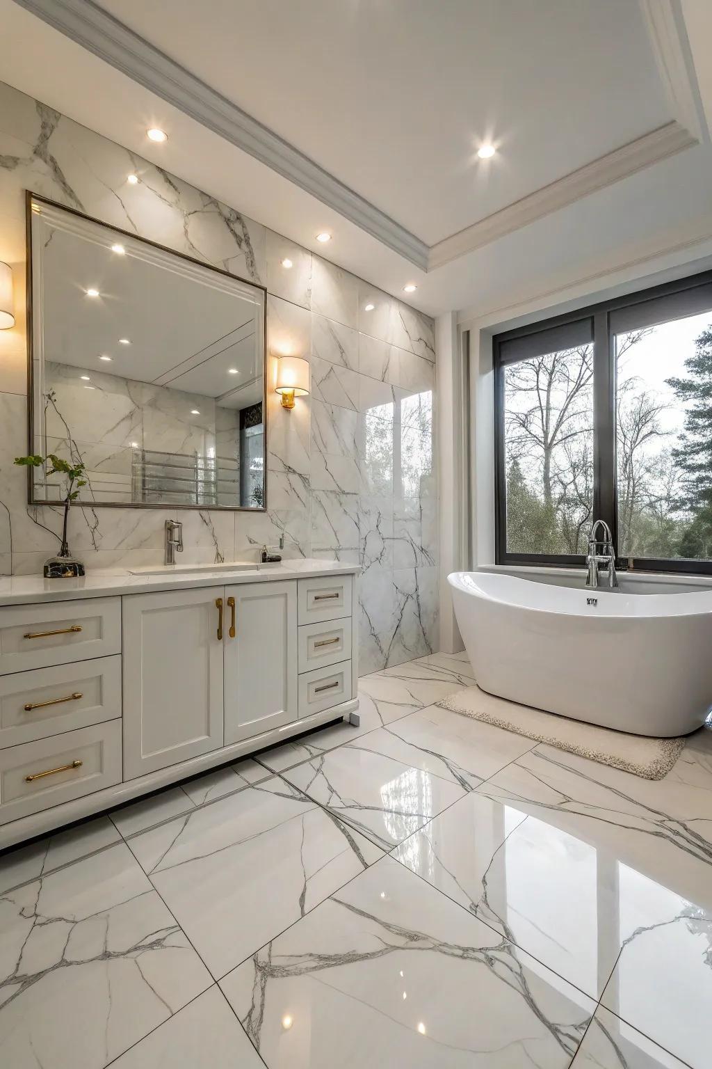 Floor-to-ceiling artificial marble stone surfaces create a seamless and expansive atmosphere.